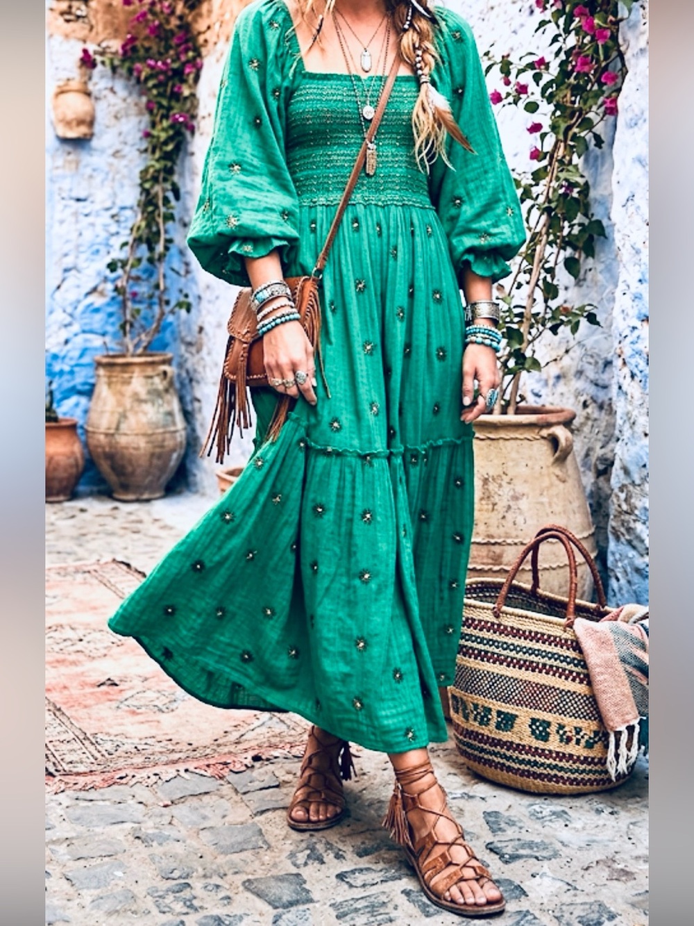 Free People. Bohemian Green Smocked Maxi Dress. Size XL.